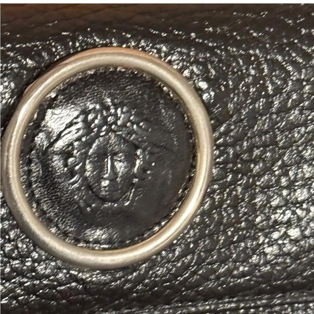 Vintage Gianni Versace Medusa Black Pebbled Leather Trifold Billfold Wallet